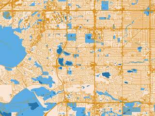 Fototapeta premium Urban map poster of Lakewood, Colorado with soft ivory map base with ochre-gold streets and clear blue water shapes for crisp contrast