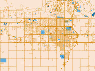 Fototapeta premium Street network map of Lawton, Oklahoma, featuring light cream city field with mustard-gold linework and vivid blue lakes, rivers and waterways