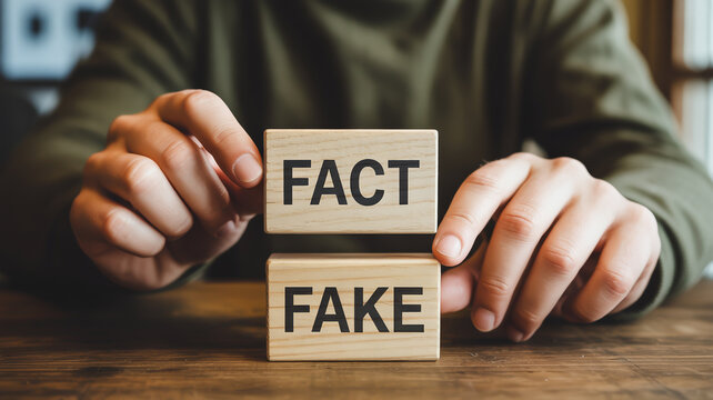 Fact versus fake news concept. Hands holding wooden blocks with FACT and FAKE labels on a wooden table. Media literacy and misinformation awareness.