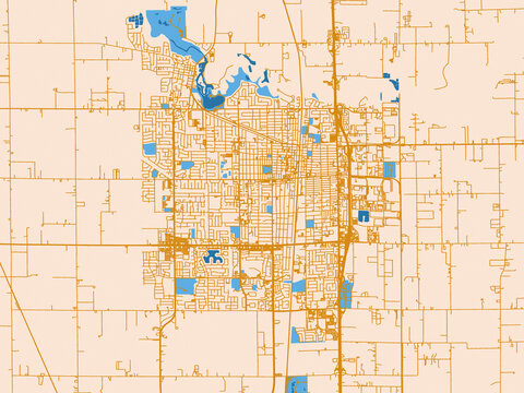Street network map of Lodi, California, featuring soft ivory map base with ochre-gold streets and clear blue water shapes for crisp contrast