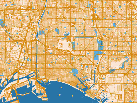 Minimal city map of Long Beach, California with mustard-gold streets on cream