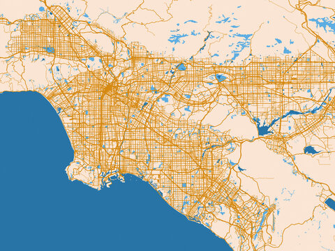City map of Los Angeles, California &ndash; light cream and blue contrast