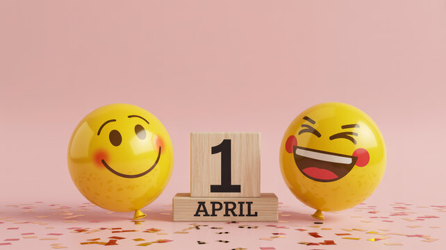 April Fools Day celebration concept. Two yellow smiley face balloons with happy and laughing expressions beside wooden number one block for first of April.