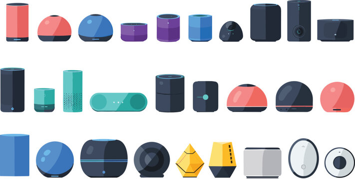 Smart home devices and speakers collection with modern gadgets, voice assistants and wireless technology vector illustration set