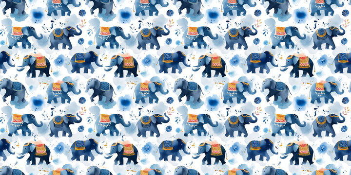 watercolor seamless pattern featuring blue elephants with traditional Thai saddles and decorative ornaments on a white background with blue splashes