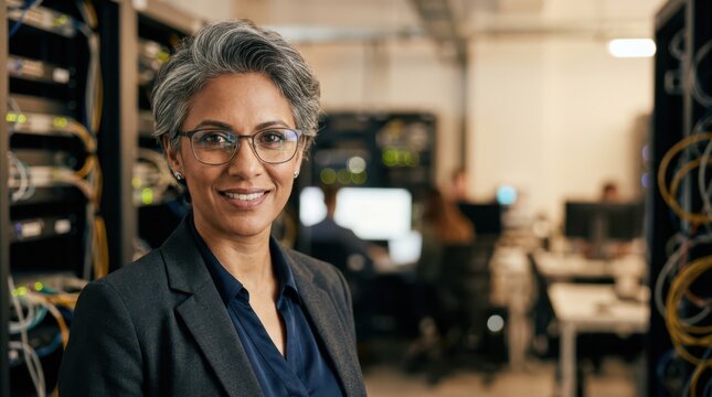 IT director close-up, silver hair, glasses with monitor reflection, intelligent expression, blurred server room background