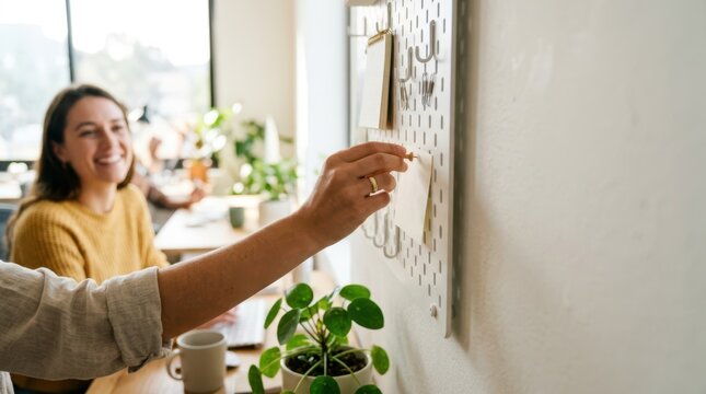 Sunlit computing center team workspace close-up, hand pinning note on white pegboard sharp, smiling colleague blurred background.