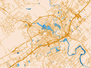 Obraz premium City map of New Braunfels, Texas — soft ivory map base with ochre-gold streets and clear blue water shapes for crisp contrast