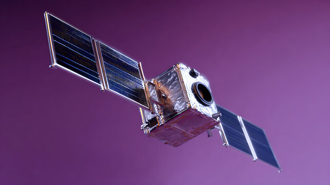 Modern Spacecraft Technology with Solar Panels against a Vibrant Purple Background, illustrating Advanced Satellite Communications and Exploration