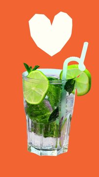 Various drinks rotating roulette style on orange background stopping on mojito with question mark turning into heart. Concept of beverage choice, preference selection, drink promotion campaign.