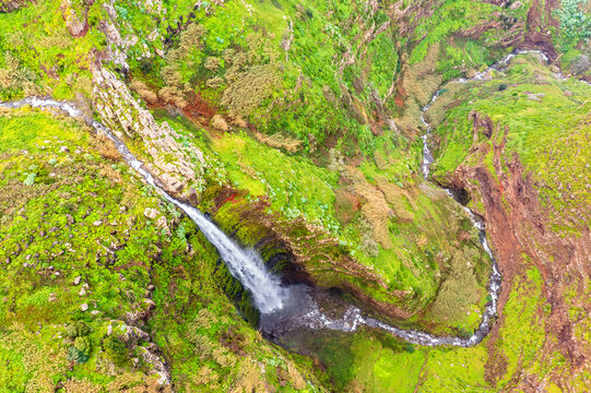Aerial view of Garganta Funda waterfall in Madeira Portugal