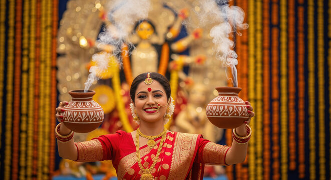 Bengali Woman Performing Dhunuchi Dance During Durga Puja Festival