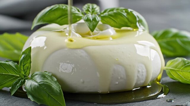 Fresh Burrata Cheese Drizzled With Olive Oil and Garnished With Basil Leaves