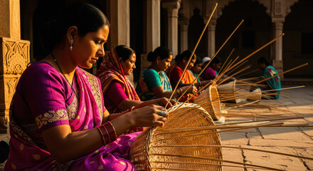Fototapeta premium group of happy Indian women skillfully weaving baskets by hand
