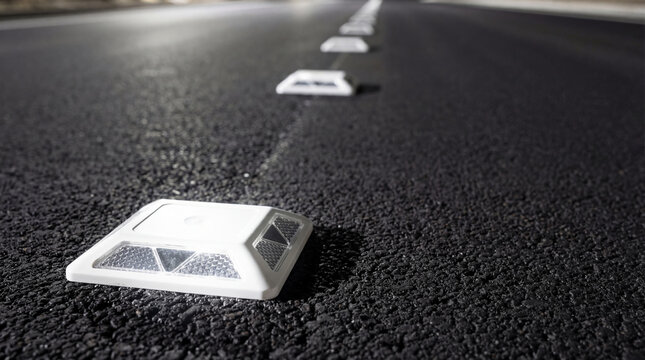 Reflective road marker on asphalt highway surface. Traffic safety equipment for lane guidance at night. Infrastructure development, road maintenance and transportation construction concept.