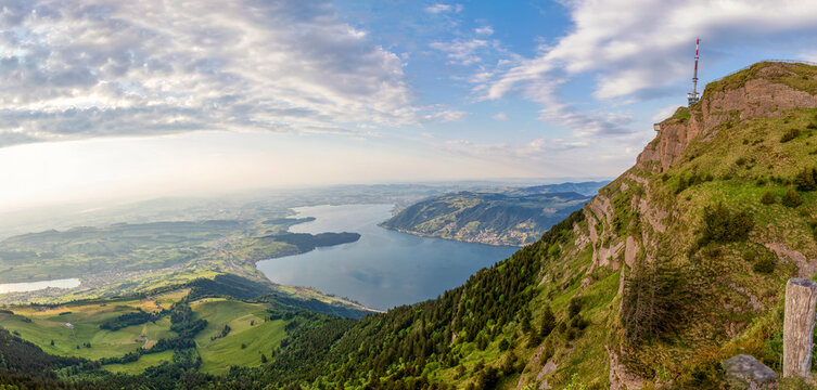 Panoramic view from Mount Rigi summit overlooking Lake Zug in Switzerland
