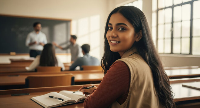 Smiling Indian Student in Classroom Attending Lecture