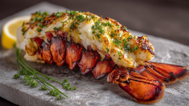 Close-up of a perfectly grilled Caribbean spiny lobster tail garnished with fresh parsley and lemon, served on a stone platter.