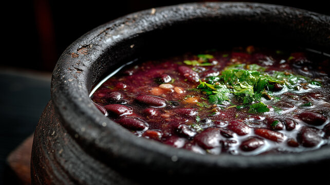 Authentic Lobio, a thick red bean stew with fresh coriander and spices, served in a traditional rustic clay pot (ketsi). Deep, moody food photography.
