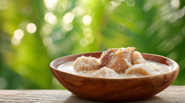 A hearty bowl of Guyanese Metemgee, a thick coconut milk-based stew with dumplings, plantains, and ground provisions, served in a rustic wooden bowl.