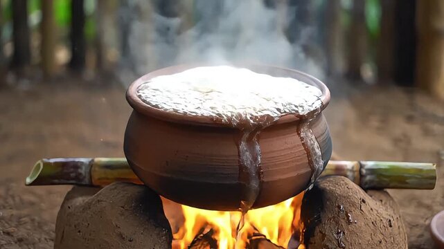 Traditional Pongal Pot Cooking Over Gentle Fire Scene