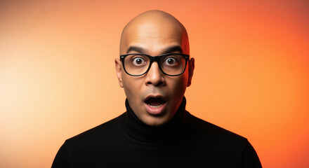 Fototapeta premium Surprised Bald Man in Glasses Stares in Shock