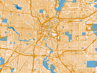 Obraz premium Urban map poster of San Antonio Center, Texas with light cream city field with mustard-gold linework and vivid blue lakes, rivers and waterways