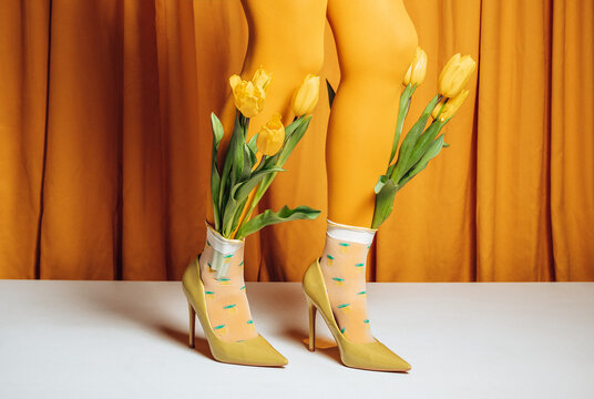 Yellow tulips in high heels with sheer socks on colorful background