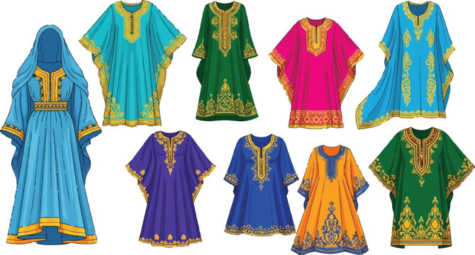 A collection of colorful traditional kaftan dresses with intricate gold embroidery and patterns