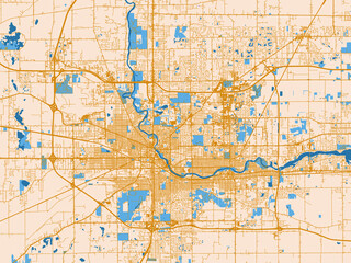 Fototapeta premium City layout poster — South Bend, Indiana – golden linework with blue water