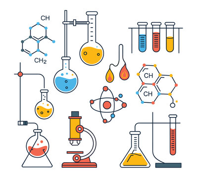 Set of science laboratory featuring glass beakers test tubes chemical formulas atom model and a microscope with yellow blue and orange liquid on a white background