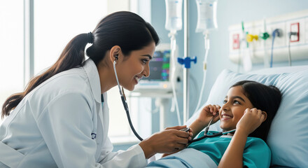 Obraz premium Caring doctor examines a cheerful girl in hospital bed.