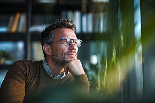 Thoughtful executive in a brown sweater and round glasses resting chin on hand, gazing out a bright corner office window past green plants