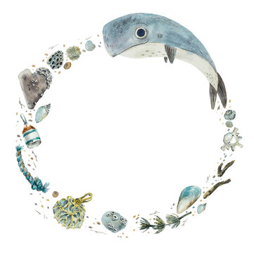 Circle frame with whale and small items from the sea beach. Watercolor illustration. Composition of set of whales. For the design and decoration of posters, postcards, prints, stickers, souvenir