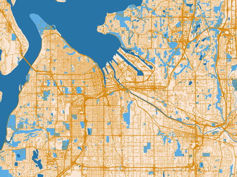 City map of Tacoma, Washington &ndash; light cream and blue contrast