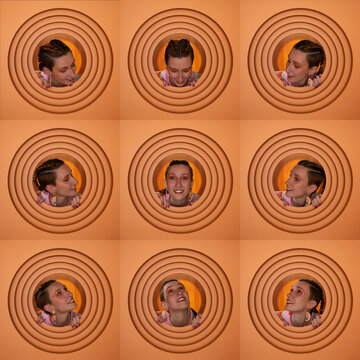 Creative portrait collage with geometric repetition and orange pattern