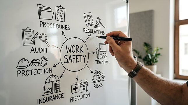 Work safety concept with hand drawing safety procedures and regulations on a whiteboard in an office environment