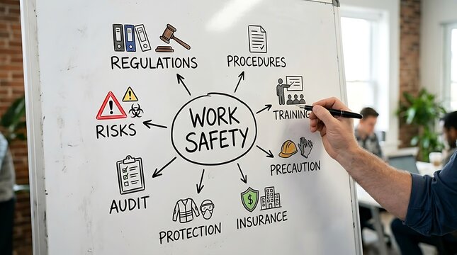 Work safety mind map on whiteboard highlighting regulations procedures risks and protection measures in a professional office setting