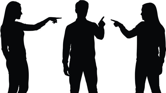 Silhouetted Woman and Man Accusing Each Other Isolated on White