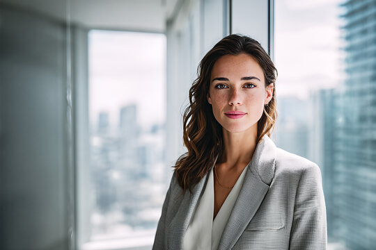 Confident businesswoman in grey tailored blazer and white blouse by floor - to - ceiling office window, wavy brown hair, freckles, gold necklace, slight smile