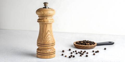 A wooden pepper mill and spoon with black peppercorns on a white surface
