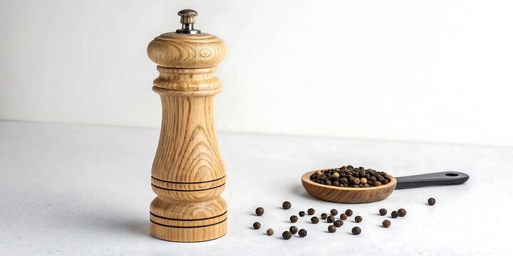 A wooden pepper mill and spoon with black peppercorns on a white surface