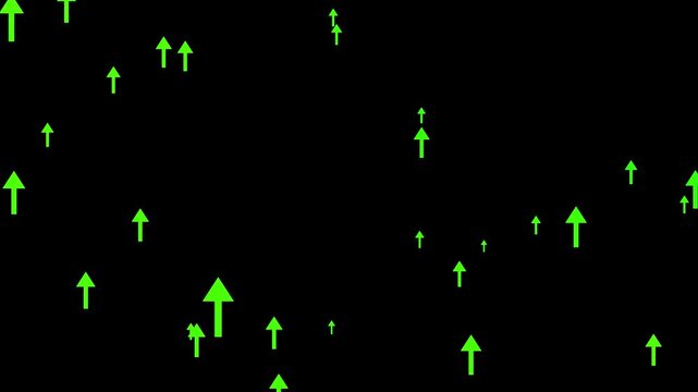 Dynamic bright green upward arrows animate smoothly on black background, rising steadily to represent growth, success, increase, and positive trends in financial or business contexts. Ideal for illust