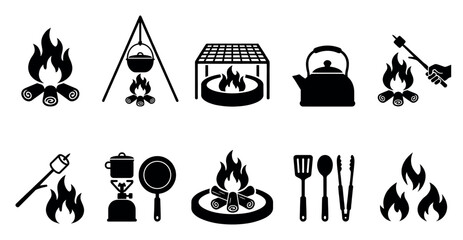 Obraz premium Collection of black and white silhouette icons depicting various camping and outdoor cooking activities, including campfires, grilling, and marshmallow roasting.