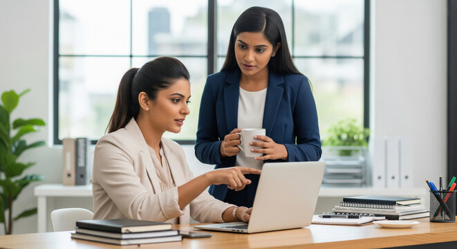 Two Professional Indian Businesswomen Collaborating on Laptop in Modern Office