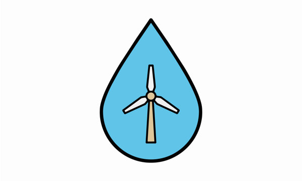 Flat Vector Illustration of a Wind Turbine inside a Blue Water Drop Symbolizing Clean Green Energy and Environmental Sustainabilityl