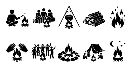 Fototapeta premium A collection of black silhouette icons depicting various camping and outdoor scenes around a campfire, including people, fire, wood, tent, and night sky elements.