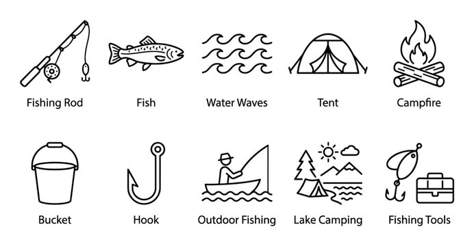 This collection of line art icons represents essential elements for fishing and camping adventures, including a rod, fish, water, tent, campfire, and gear.