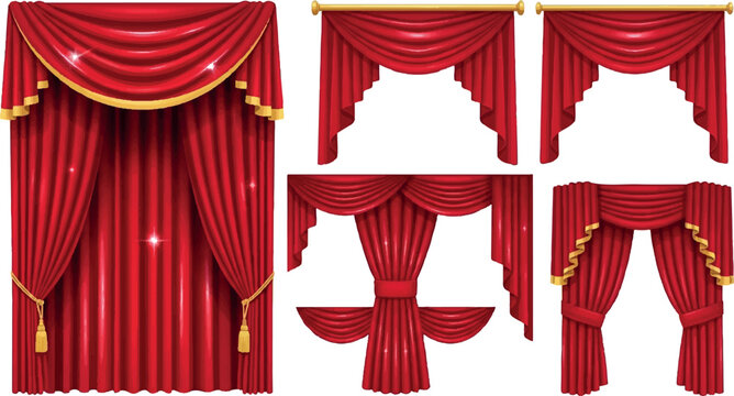 Collection of red velvet drapes and curtains, luxury fabric swags, valances, and stage decor elements, gold trim