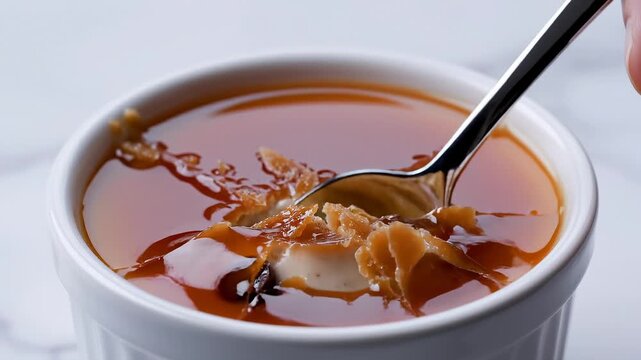 Close-Up of Spoon Cracking Caramelized Sugar Topping on Creme Brulee Dessert